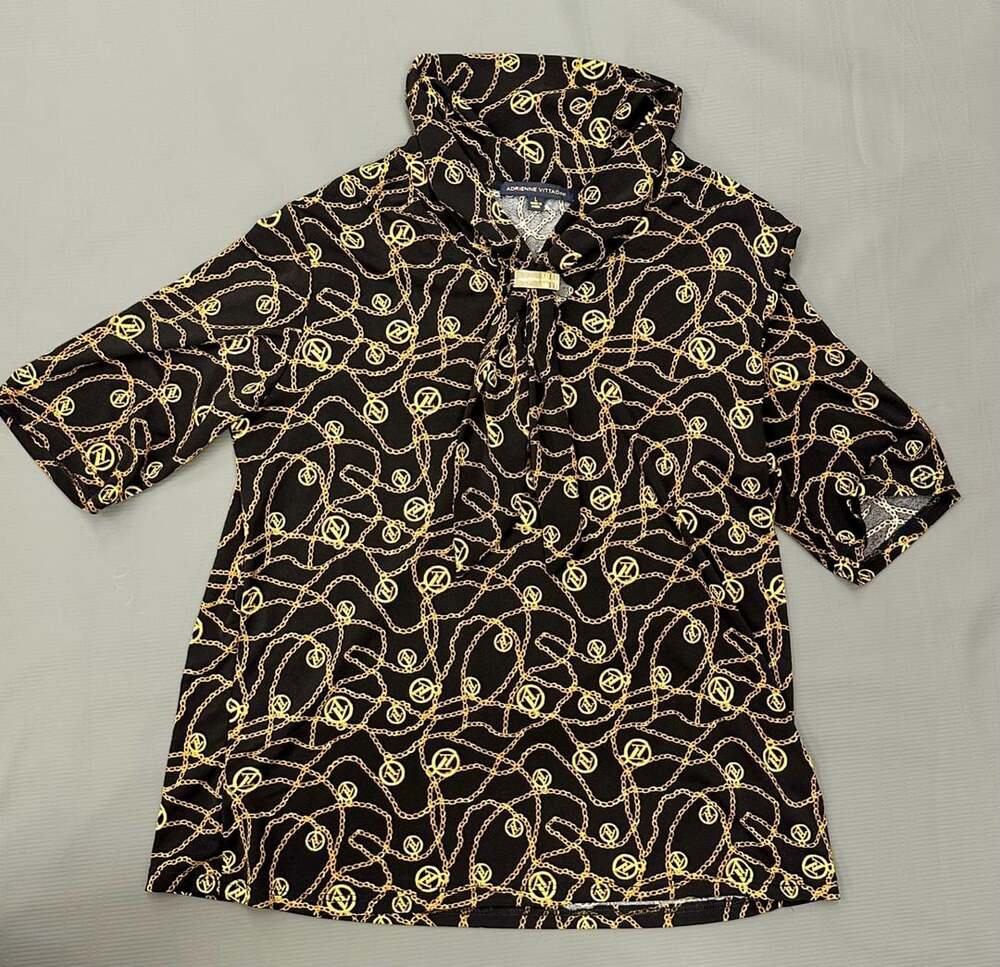 Adrienne Vittadini Black and Gold Chain Print Short Sleeve Scarf Neck Blouse Top